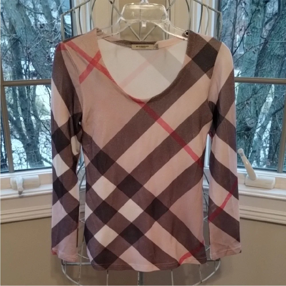 Burberry Checkered Long Sleeve Top - Brown and Red - Picture 1 of 8